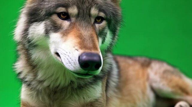 A wolf lying down calmly in front of a green screen backdrop in a studio setting for filming green screen animal video