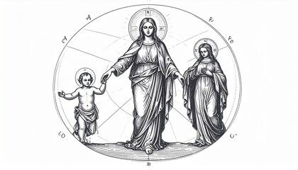 Obraz premium Illustration depicting Virgin Mary leading baby Jesus by the hand, with another female figure standing to the right, all within a circular, symbolic design.