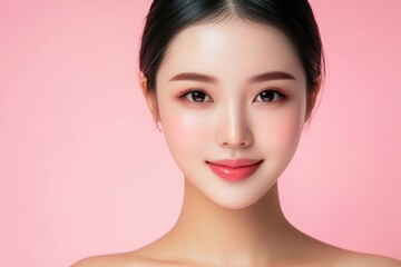Asian beauty woman with soft smile, healthy skin, cosmetic skincare ad style