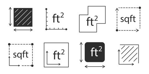 Square area measure line icon. Square foot ft size, space length, symbol. Quantity area, m2 measuring area. 