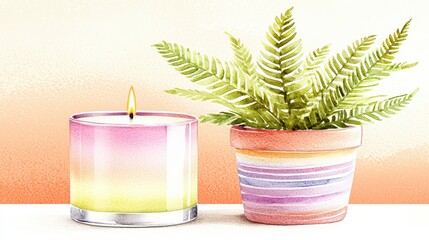 A close-up shot of a scented soy wax candle next to a potted fern, set against a gradient peach-to-cream backdrop, ideal for summer spa campaigns