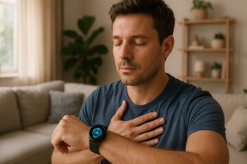 Man focusing on a guided breathing session using a smartwatch, sitting in a calm living room environment with eyes closed, promoting relaxation