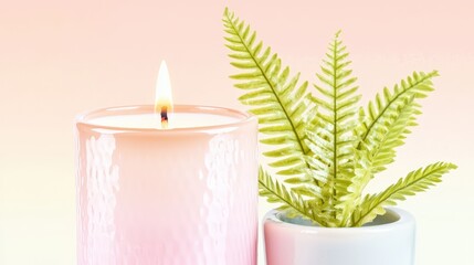 A close-up shot of a scented soy wax candle next to a potted fern, set against a gradient peach-to-cream backdrop, ideal for summer spa campaigns