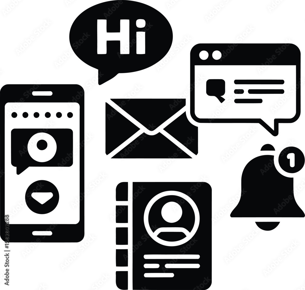 Fototapete digital communication icons including smartphone message envelope notification bell and contact book