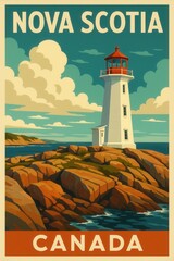 A classic tall white lighthouse stands on the rugged red rocks along the coast of Nova Scotia under a bright sky filled with clouds and views of the surrounding sea