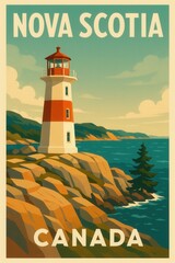 A red and white striped lighthouse overlooks the rocky shores of Nova Scotia with a pine tree nearby and waves crashing below under a partly cloudy sky