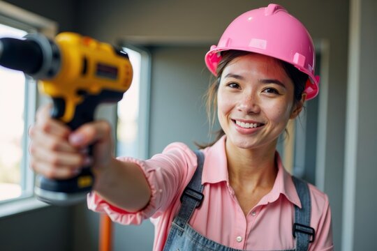 Portrait of a woman in a pink hard hat with a power drill at a construction site. - Powered by Adobe