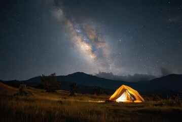 Illuminated tent under the milky way in a mountain landscape at night