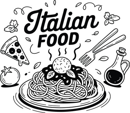 Hand-drawn illustration of Italian food, pizza, pasta and meatballs.