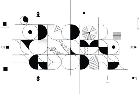 Abstract geometric composition with circles squares and lines in black and white