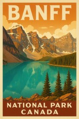 Illustrated poster of Banff National Park in Canada showing Moraine Lake, vivid orange peaks, pine trees, calm water and dramatic clouds during a mountain sunset