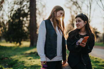 Two teenage friends enjoying a conversation outdoors in a park, with one holding a phone. The...