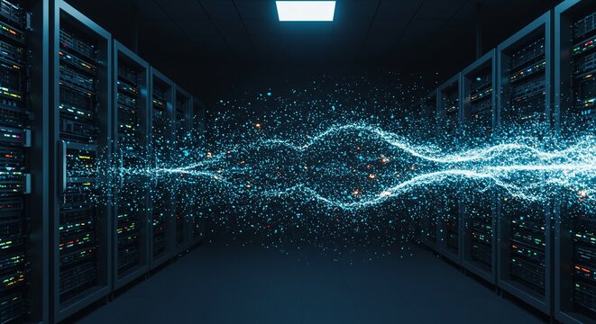 Data Center Server Room with Digital Data Streams in Blue and Black