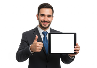 Smiling Businessman Holding Tablet with Thumbs Up on Transparent Background