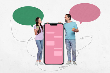 Poster image artwork pop collage of two happy girl guy stand big smartphone screen bubble...