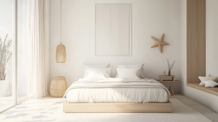 Minimalist kid bedroom with a clean white design, wooden elements, and a few playful accents like star-shaped pillows