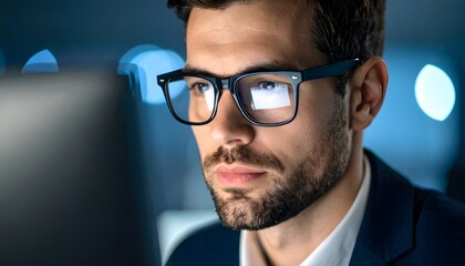 Obraz premium Close Up Portrait of a Young Man Wearing Glasses Concentrating on Computer Screen .