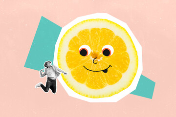 Composite 3d art pop image collage of excited man jump lemon slice citrus nutrition eyeball emoji...