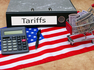 Flag with dollar bills and the text Tariffs on a file folder.