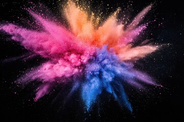 Artistic blast of color powder particles, isolated on black, intense saturation