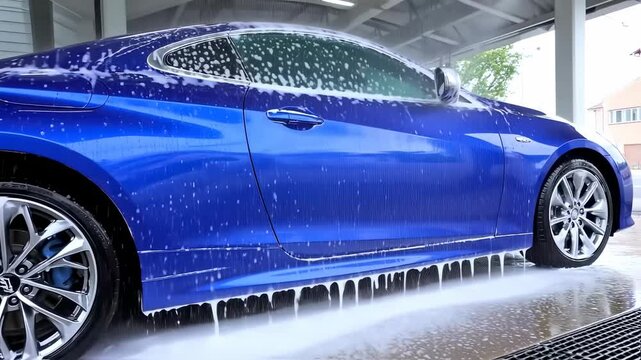 Blue car being meticulously washed with copious amounts of soapy foam at a carwash