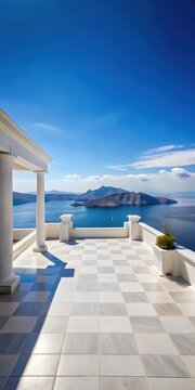 Ancient Greek style villa with white stone patio overlooking stunning caldera sea views