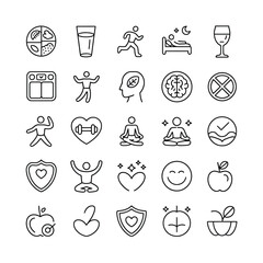 Collection of twentyfive linear style black and white icons depicting healthy lifestyle elements including balanced diet exercise sleep mindfulness meditation heart health and