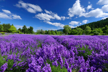 Fototapeta premium Expansive lavender field under a blue sky with fluffy clouds in spring