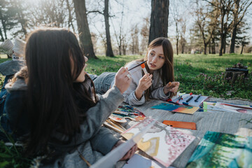Teenage girls engage in painting and art outdoors on a sunny day in the park, enjoying creativity...