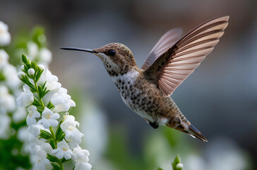 Naklejka premium The hummingbird is hovering near the red flowers, sipping nectar from them against a green background