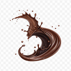 realistic 3d chocolate fluid splash flow with drops, bubbles  in curve style isolated on transparent background