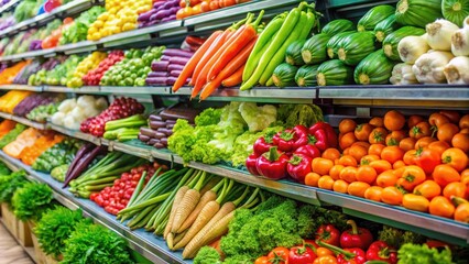 Fresh vegetables arranged on a shelf in the supermarket
