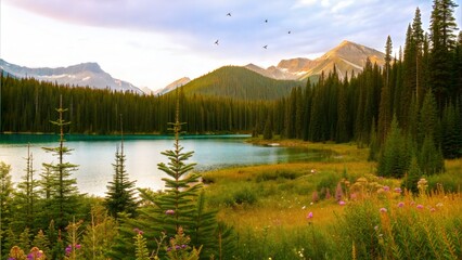 Peaceful mountain landscape with turquoise lake, golden meadow, pine forest, and birds flying at sunset