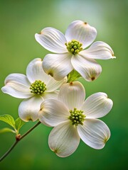 Obraz premium Highly detailed image of white dogwood flowers in macro photography against a plain green background showing delicate petals and intricate details