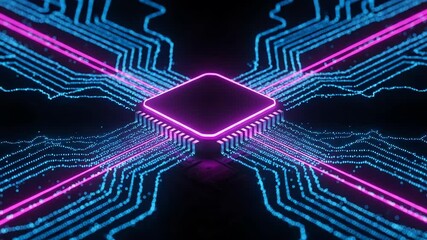 A futuristic computer chip on a circuit board glows with neon pink and blue lights, representing advanced technology - Powered by Adobe
