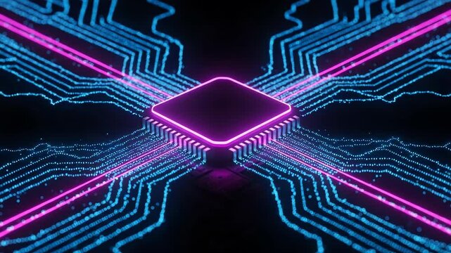 A futuristic computer chip on a circuit board glows with neon pink and blue lights, representing advanced technology - Powered by Adobe