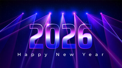 Happy New Year 2026, 26. New Year greeting card. Numbers 2025 on the background of blue magenta laser beams on the stage. Futuristic technological design. Vector illustration
