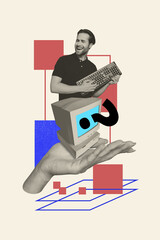 Trend artwork composite 3D collage design of young man smile hand hold keyboard obsolete computer...