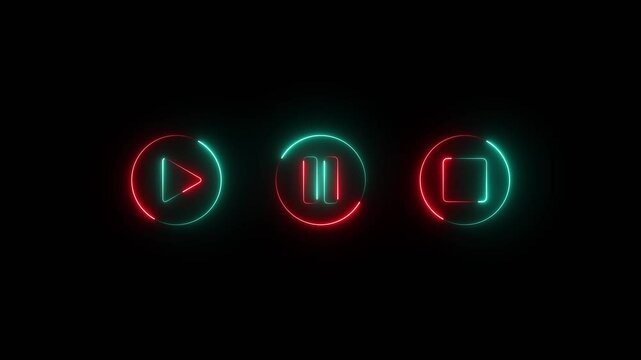 Neon play, pause, stop button icon animation on black background. audio neon play button motion graphics. music play button 4k video footage.