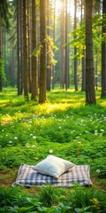 A white pillow lies on a checkered picnic blanket in a lush green forest surrounded by tall trees and vibrant wildflowers