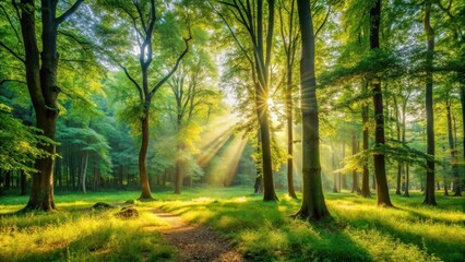 Naklejka premium Sunny forest clearing with tall trees and greenery