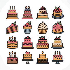 Colorful Collection of Sweet Treats Cake Cupcake Icons Birthday Dessert Pastry Bakery Items Vector Illustration