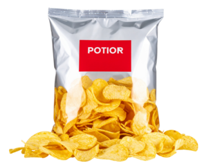  Puffed Potato Chip Bag with Bold Red Label and Overflowing Chips, Front View, Isolated on Transparent Background
