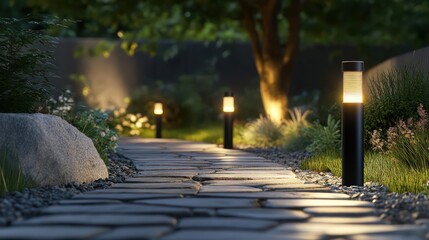 Modern solar path lights lining a stone walkway in a backyard, adding functionality and elegance