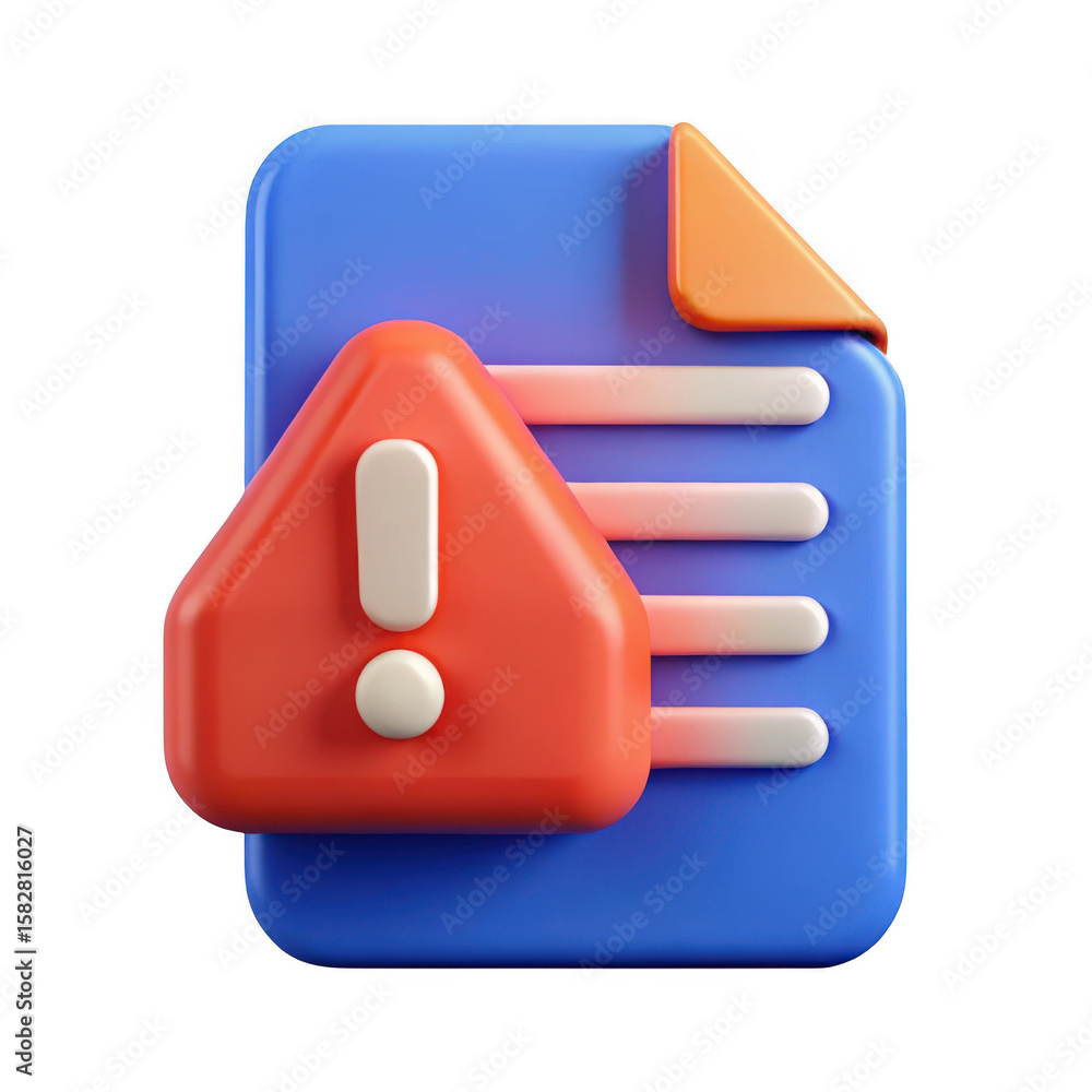 Poster 3d rendered document icon with warning symbol isolated on transparent background