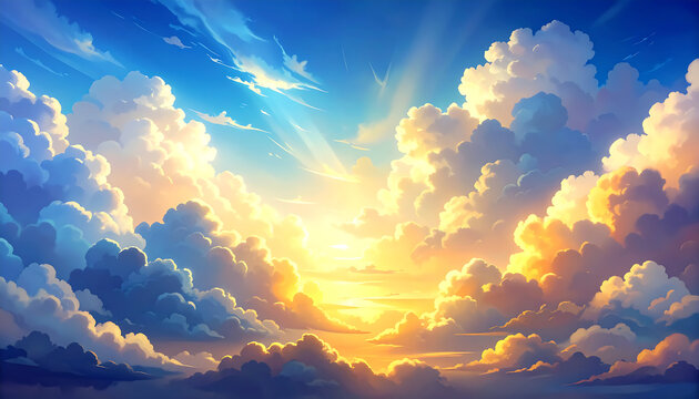 Dramatic digital illustration of stormy clouds parting to reveal a radiant sun and atmospheric sky