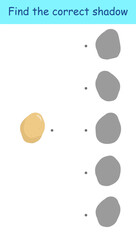 Find the correct shadow of potato. Educational game. Vector illustration for children's activity book, worksheet, print.