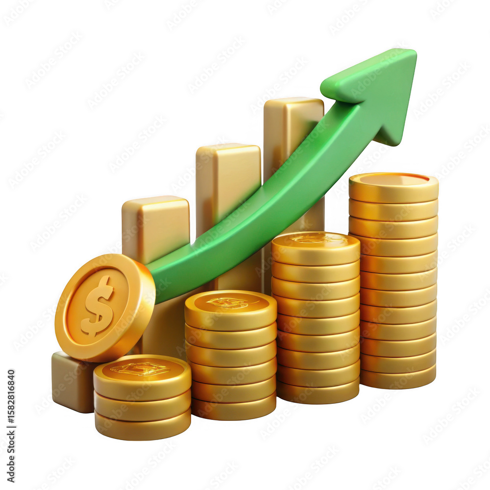 Poster golden coins stacked with upward trend arrow and bar chart isolated on transparent background