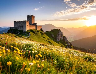 Mountaintop castle at sunset