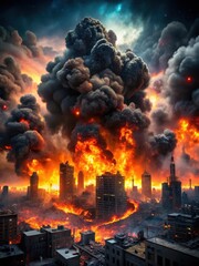 A massive explosion of black smoke and red flames